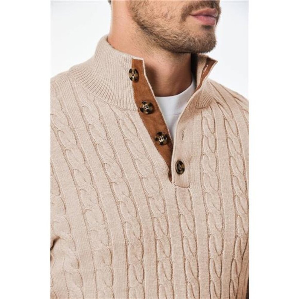 NEW Men's Cable Knit Pullover Sweater Casual Long Sleeve Stand Collar - Picture 5 of 6